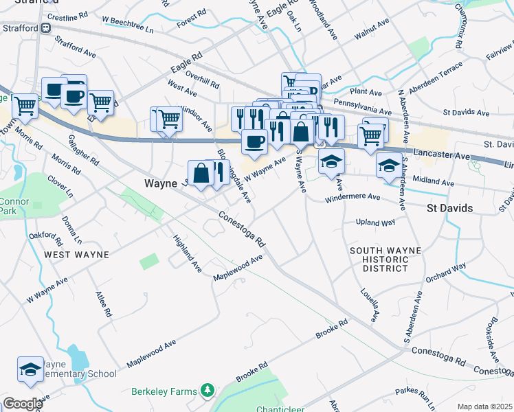 map of restaurants, bars, coffee shops, grocery stores, and more near 223 Bloomingdale Avenue in Wayne
