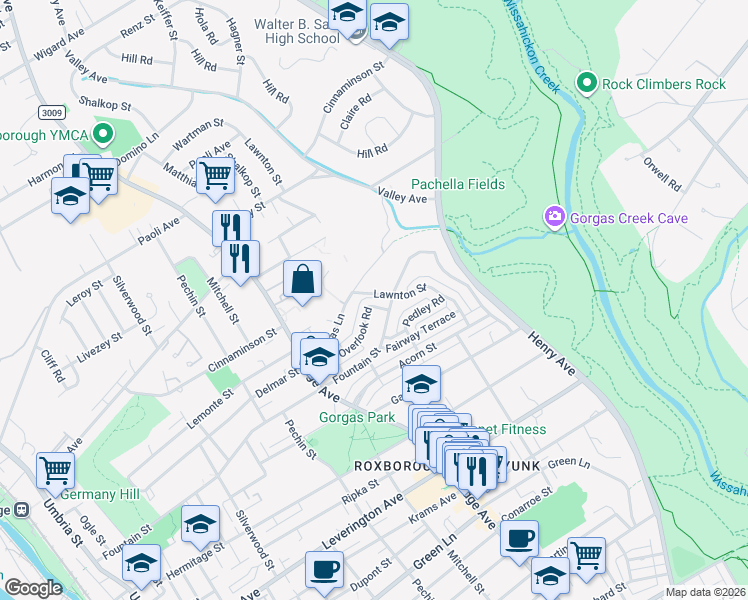 map of restaurants, bars, coffee shops, grocery stores, and more near 6511 Shalkop Street in Philadelphia