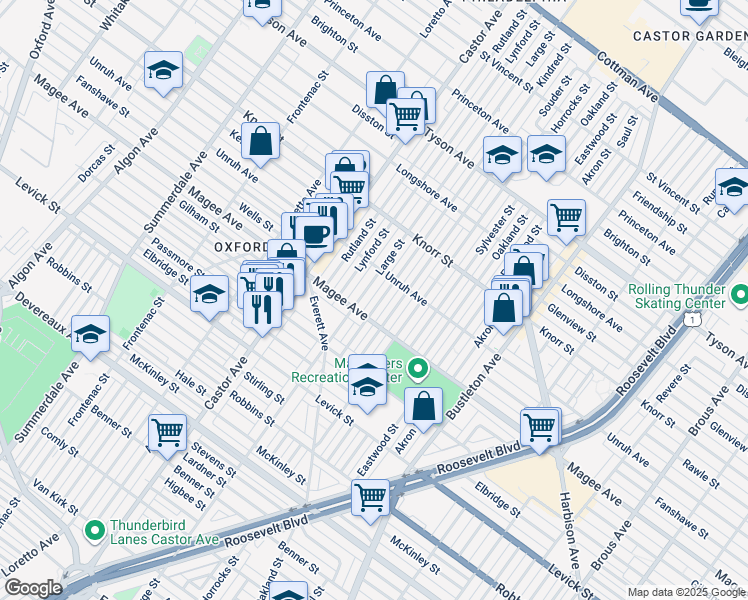 map of restaurants, bars, coffee shops, grocery stores, and more near 6618 Kindred Street in Philadelphia