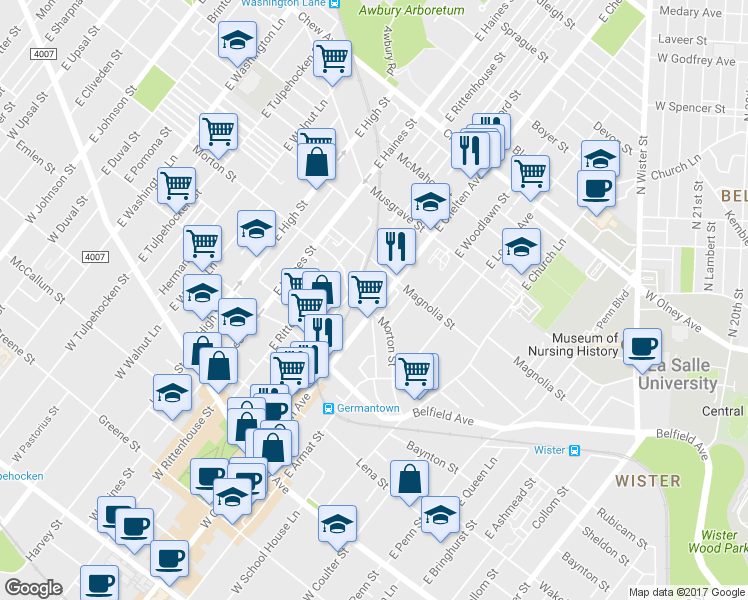 map of restaurants, bars, coffee shops, grocery stores, and more near 401 East Chelten Avenue in Philadelphia