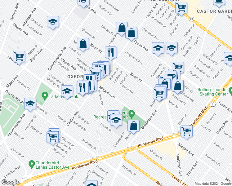 map of restaurants, bars, coffee shops, grocery stores, and more near 6613 Large Street in Philadelphia