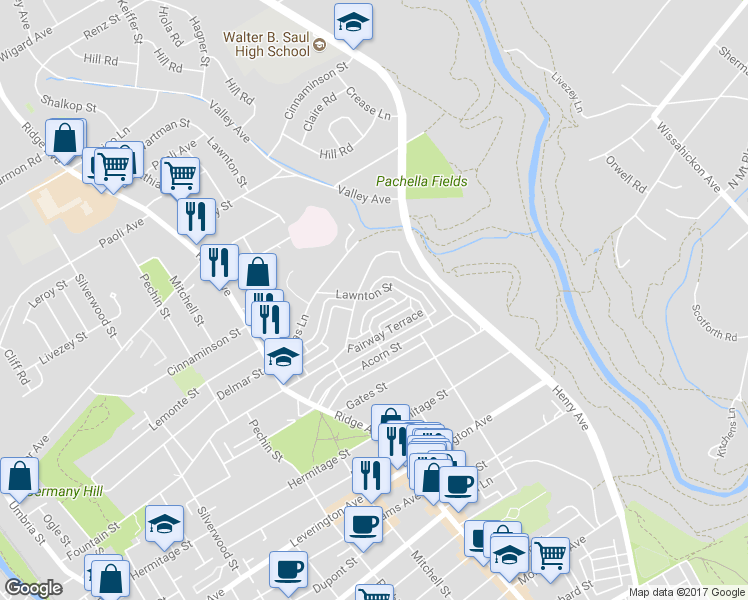 map of restaurants, bars, coffee shops, grocery stores, and more near 6480 Lawnton Street in Philadelphia