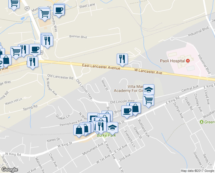 map of restaurants, bars, coffee shops, grocery stores, and more near 235 Miner Street in Malvern