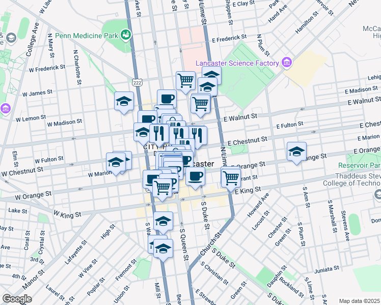 map of restaurants, bars, coffee shops, grocery stores, and more near 150 North Duke Street in Lancaster