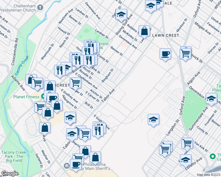 map of restaurants, bars, coffee shops, grocery stores, and more near 640 Alcott Street in Philadelphia