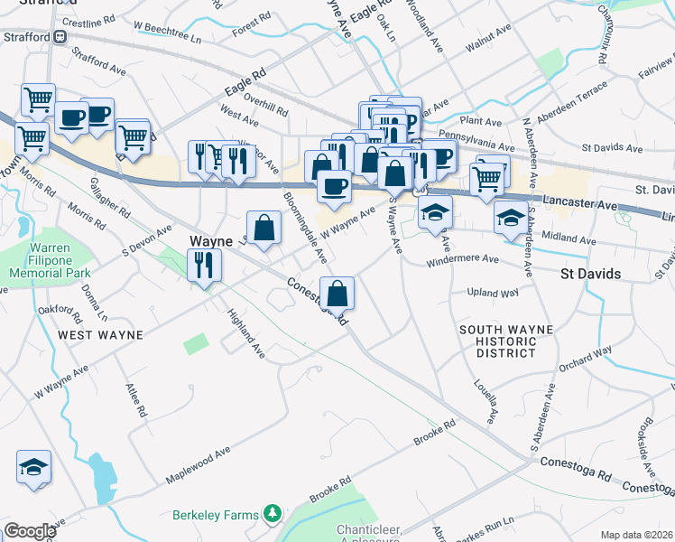 map of restaurants, bars, coffee shops, grocery stores, and more near 131 Runnymede Avenue in Wayne