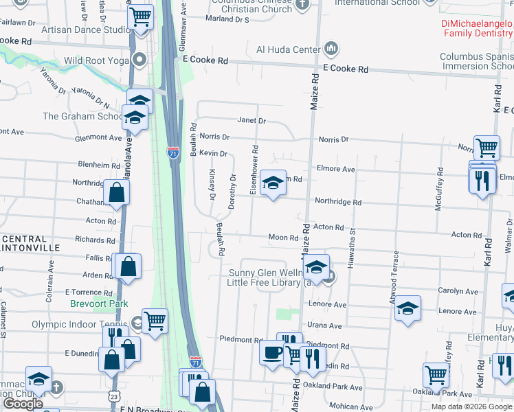 map of restaurants, bars, coffee shops, grocery stores, and more near 3716 Eisenhower Road in Columbus
