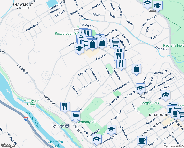map of restaurants, bars, coffee shops, grocery stores, and more near 6956 Silverwood Street in Philadelphia