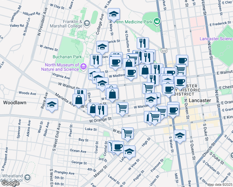 map of restaurants, bars, coffee shops, grocery stores, and more near 232 North Mary Street in Lancaster