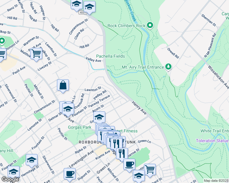 map of restaurants, bars, coffee shops, grocery stores, and more near 6434 Henry Avenue in Philadelphia