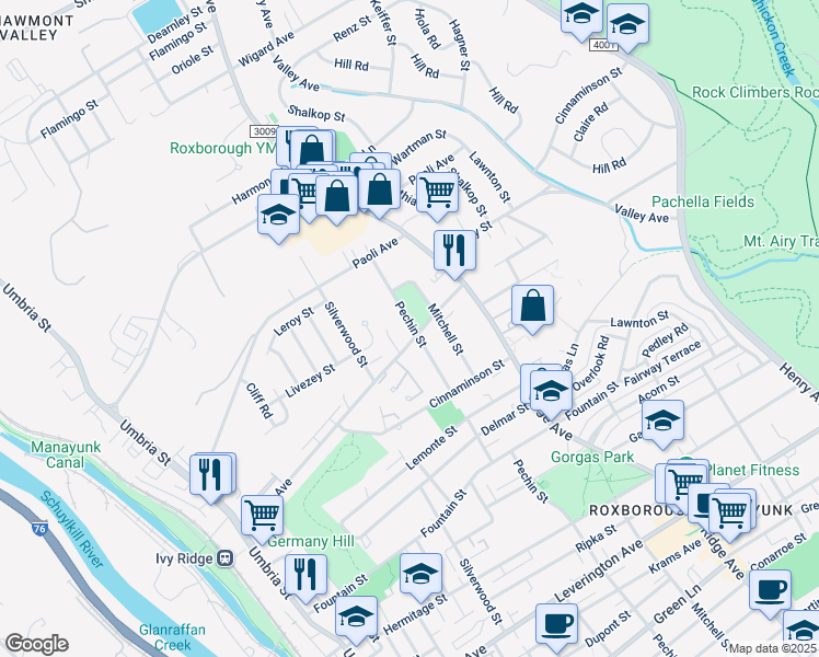 map of restaurants, bars, coffee shops, grocery stores, and more near 398 Parker Avenue in Philadelphia