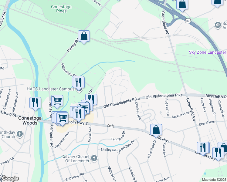 map of restaurants, bars, coffee shops, grocery stores, and more near 125 Highview Dr in Lancaster
