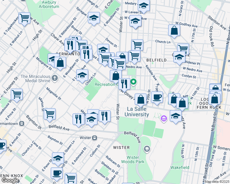 map of restaurants, bars, coffee shops, grocery stores, and more near 734 Penn Boulevard in Philadelphia