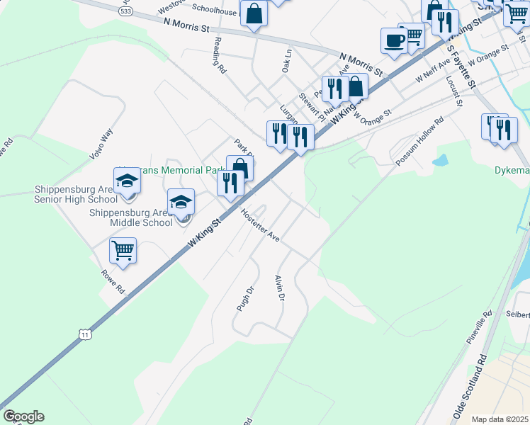 map of restaurants, bars, coffee shops, grocery stores, and more near 118 Marco Circle in Shippensburg