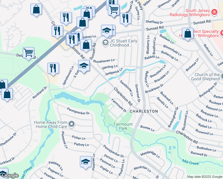 map of restaurants, bars, coffee shops, grocery stores, and more near 3 Fairmount Drive in Willingboro