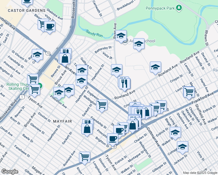 map of restaurants, bars, coffee shops, grocery stores, and more near 3219 Teesdale Street in Philadelphia