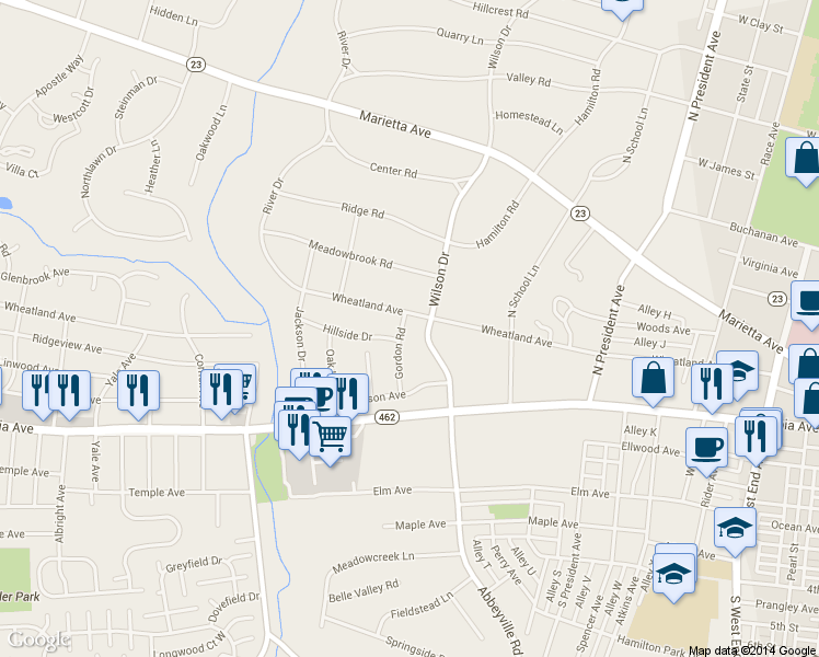 map of restaurants, bars, coffee shops, grocery stores, and more near 1270 Wheatland Avenue in Lancaster
