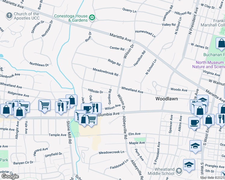 map of restaurants, bars, coffee shops, grocery stores, and more near 1270 Wheatland Avenue in Lancaster