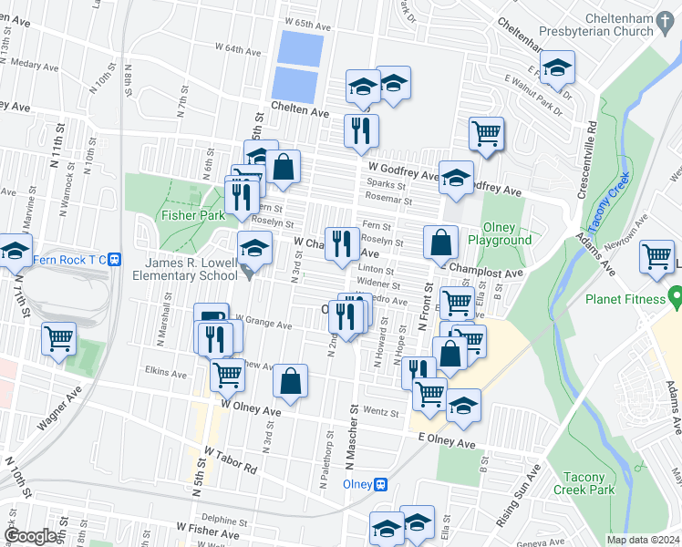 map of restaurants, bars, coffee shops, grocery stores, and more near 207 Widener Street in Philadelphia