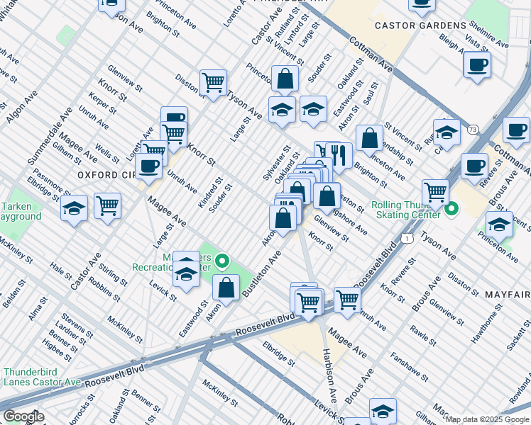 map of restaurants, bars, coffee shops, grocery stores, and more near 6742 Eastwood Street in Philadelphia