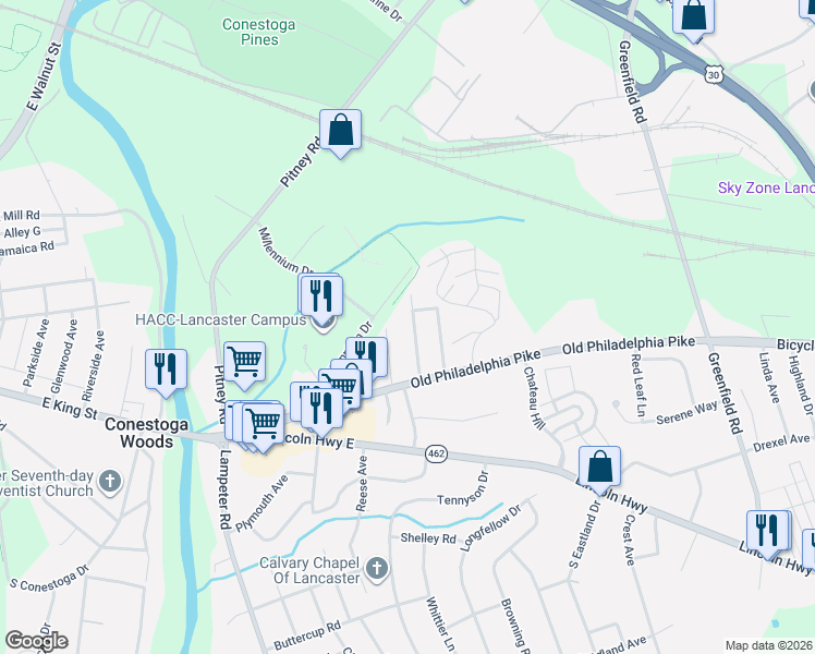 map of restaurants, bars, coffee shops, grocery stores, and more near 126 Crestmont Ave in Lancaster