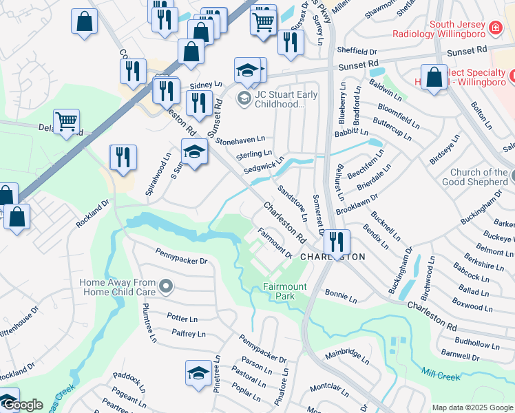 map of restaurants, bars, coffee shops, grocery stores, and more near 3 Fairmount Drive in Willingboro