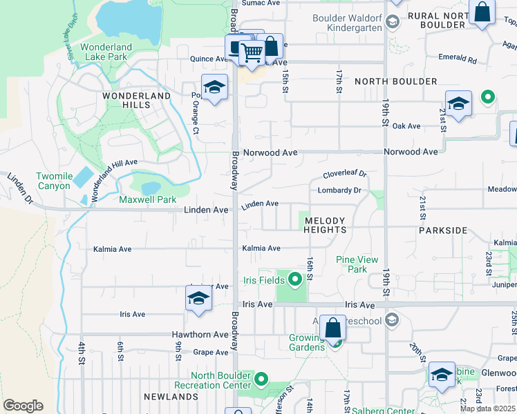 map of restaurants, bars, coffee shops, grocery stores, and more near 1290 Linden Avenue in Boulder