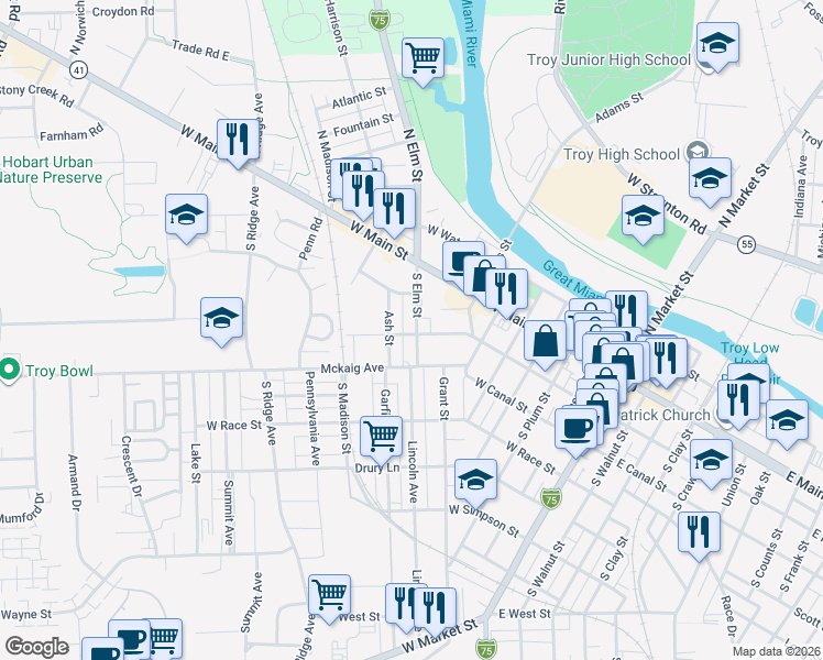 map of restaurants, bars, coffee shops, grocery stores, and more near 138 S Elm St in Troy