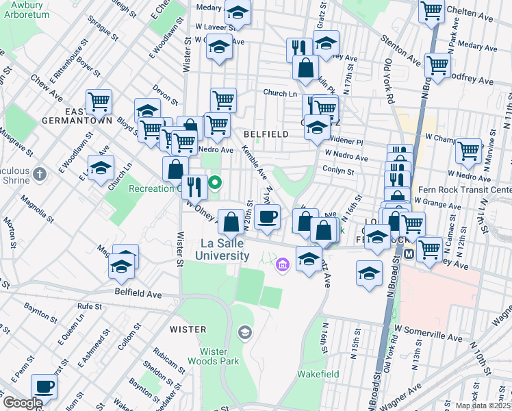 map of restaurants, bars, coffee shops, grocery stores, and more near 5720 North 19th Street in Philadelphia