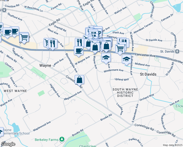 map of restaurants, bars, coffee shops, grocery stores, and more near 112 Runnymede Avenue in Wayne