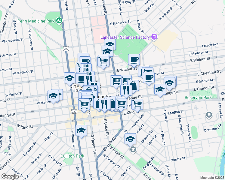 map of restaurants, bars, coffee shops, grocery stores, and more near 141 East Marion Street in Lancaster