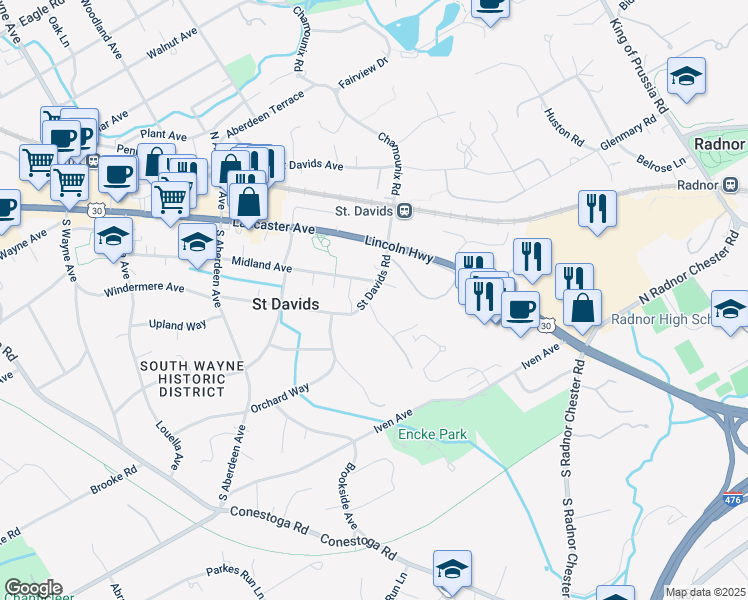 map of restaurants, bars, coffee shops, grocery stores, and more near 508 Saint Davids Road in Wayne
