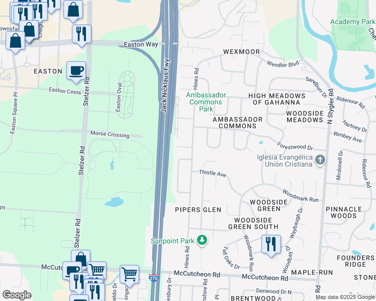 map of restaurants, bars, coffee shops, grocery stores, and more near 4385 Biscayne Court in Gahanna