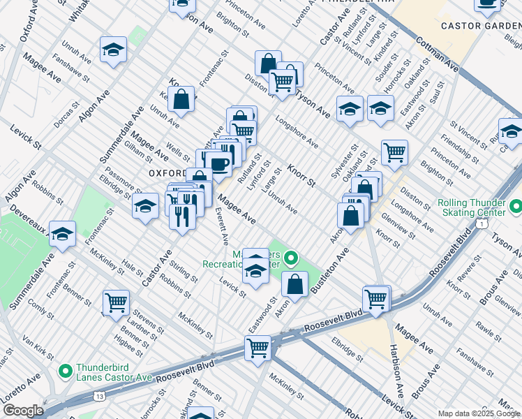 map of restaurants, bars, coffee shops, grocery stores, and more near 6618 Kindred Street in Philadelphia