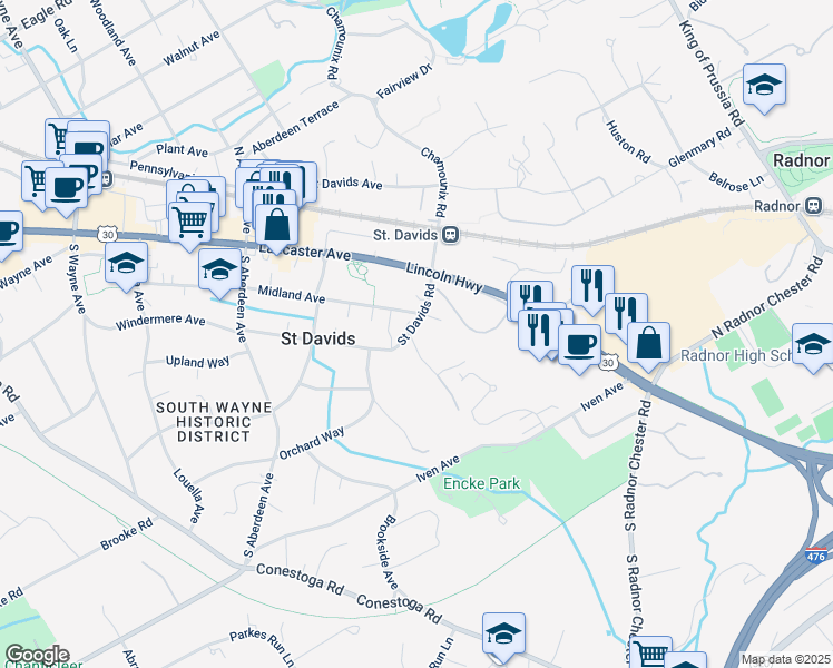 map of restaurants, bars, coffee shops, grocery stores, and more near 508 Saint Davids Road in Wayne