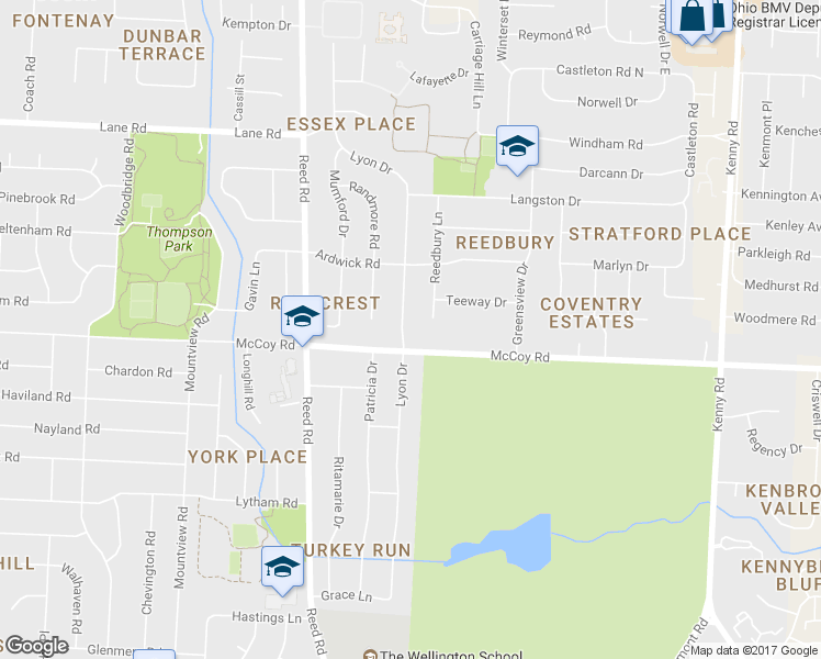 map of restaurants, bars, coffee shops, grocery stores, and more near 4130 Lyon Drive in Columbus