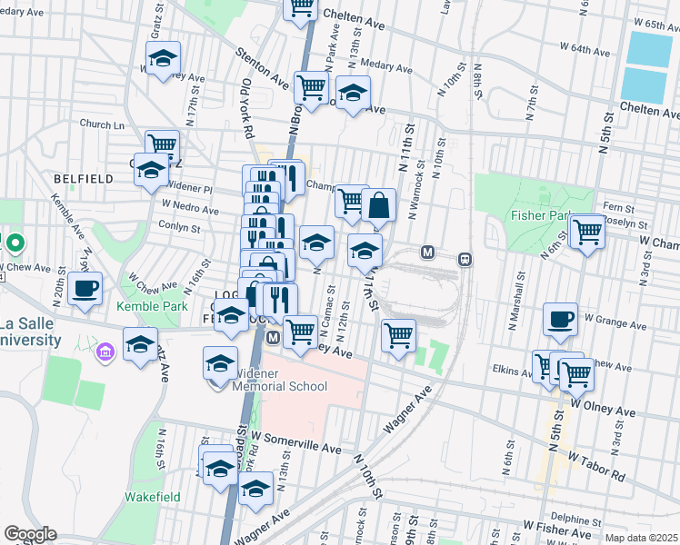 map of restaurants, bars, coffee shops, grocery stores, and more near 5801 North Camac Street in Philadelphia