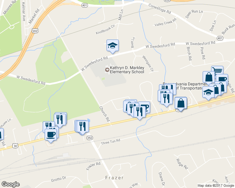 map of restaurants, bars, coffee shops, grocery stores, and more near 31 Beechwood Avenue in Malvern