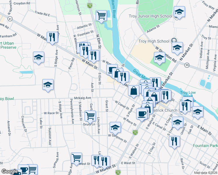 map of restaurants, bars, coffee shops, grocery stores, and more near 523 West Franklin Street in Troy