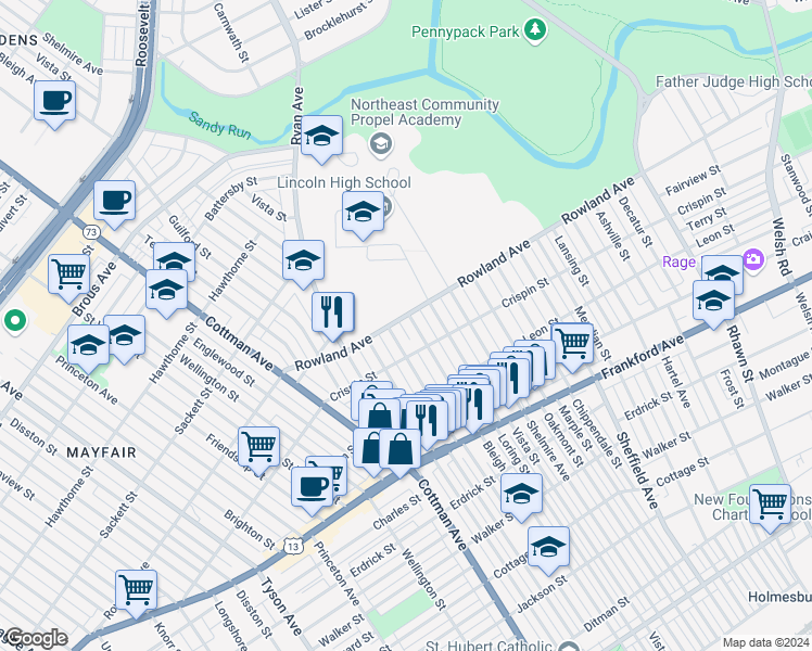 map of restaurants, bars, coffee shops, grocery stores, and more near 3304 Bleigh Avenue in Philadelphia