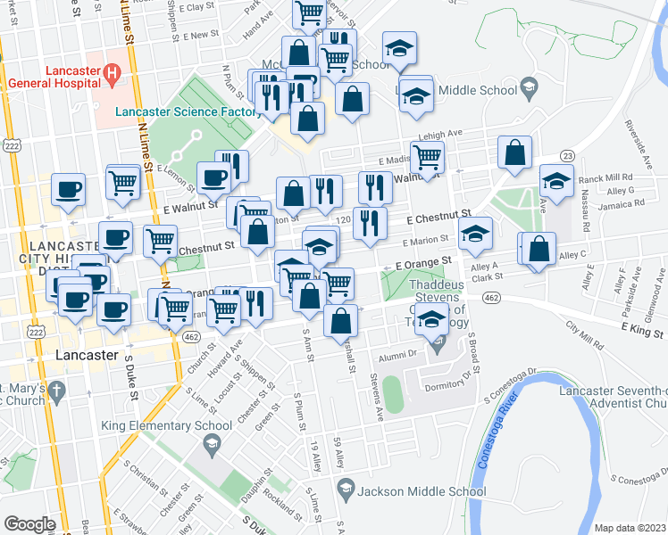 map of restaurants, bars, coffee shops, grocery stores, and more near 575 East Orange Street in Lancaster