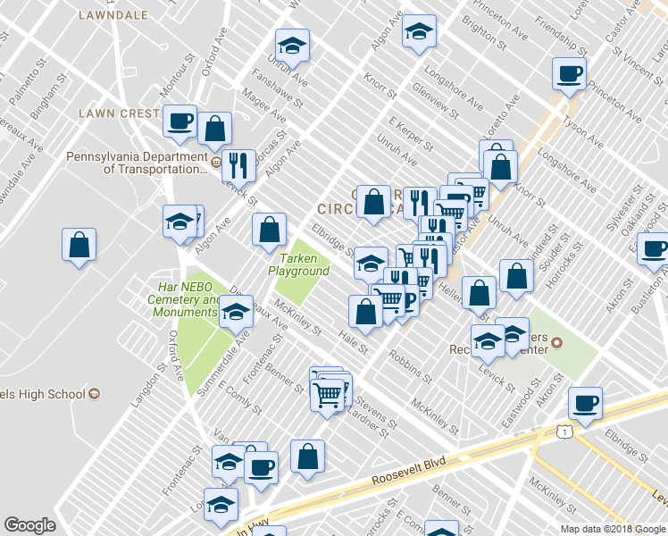 map of restaurants, bars, coffee shops, grocery stores, and more near 1202 Levick Street in Philadelphia