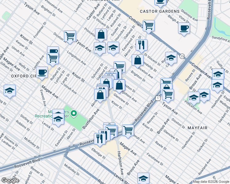map of restaurants, bars, coffee shops, grocery stores, and more near 2105 Glenview Street in Philadelphia