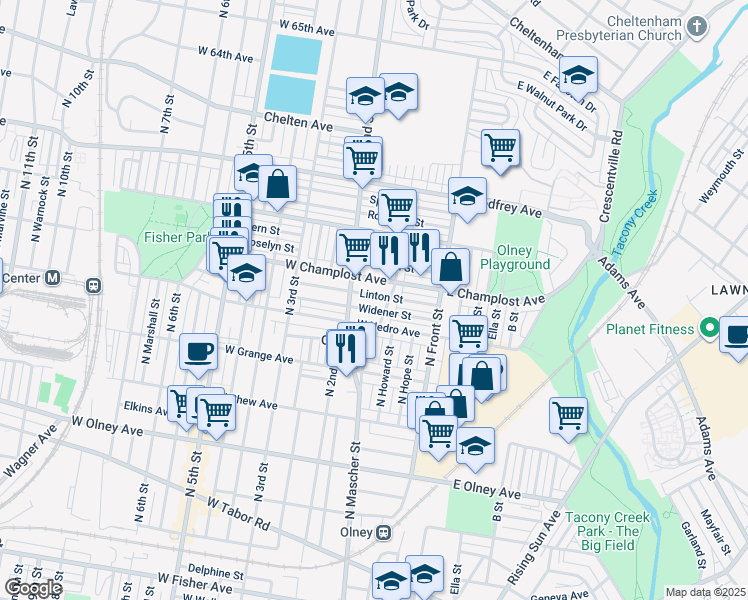 map of restaurants, bars, coffee shops, grocery stores, and more near 164 Linton Street in Philadelphia