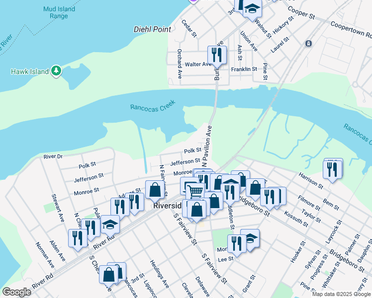 map of restaurants, bars, coffee shops, grocery stores, and more near 57 Polk Street in Riverside