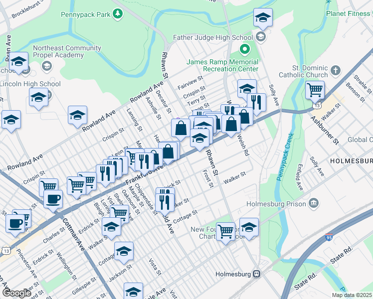 map of restaurants, bars, coffee shops, grocery stores, and more near 7900 Frankford Avenue in Philadelphia