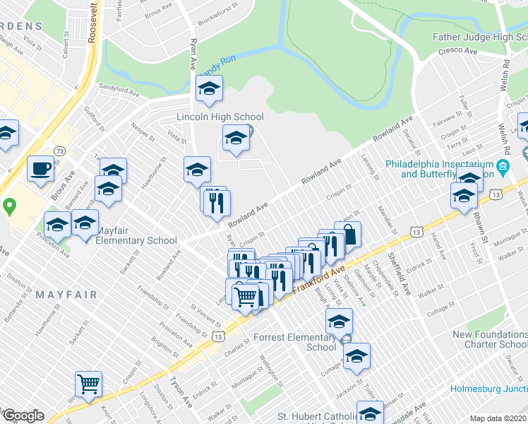 map of restaurants, bars, coffee shops, grocery stores, and more near 3314 Bleigh Avenue in Philadelphia