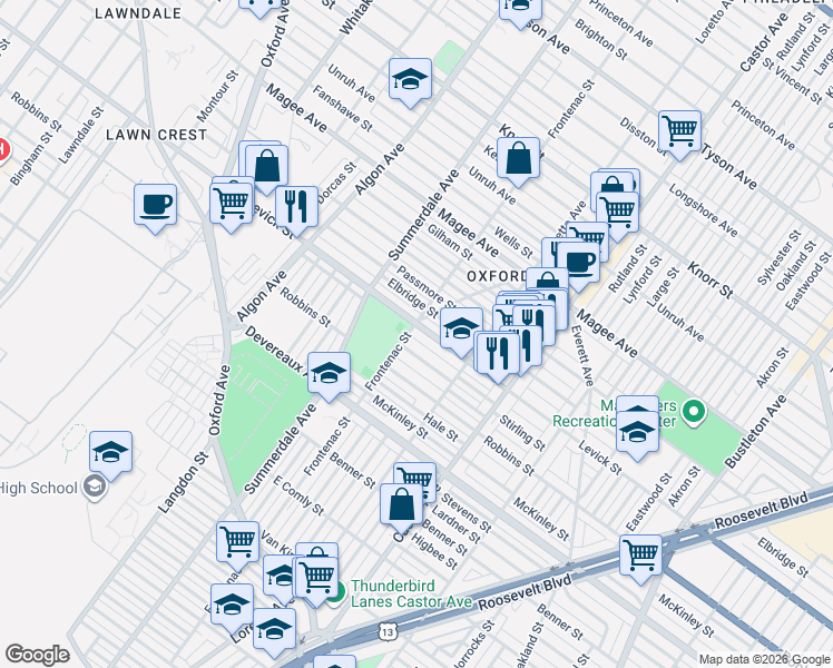 map of restaurants, bars, coffee shops, grocery stores, and more near 1202 Levick Street in Philadelphia