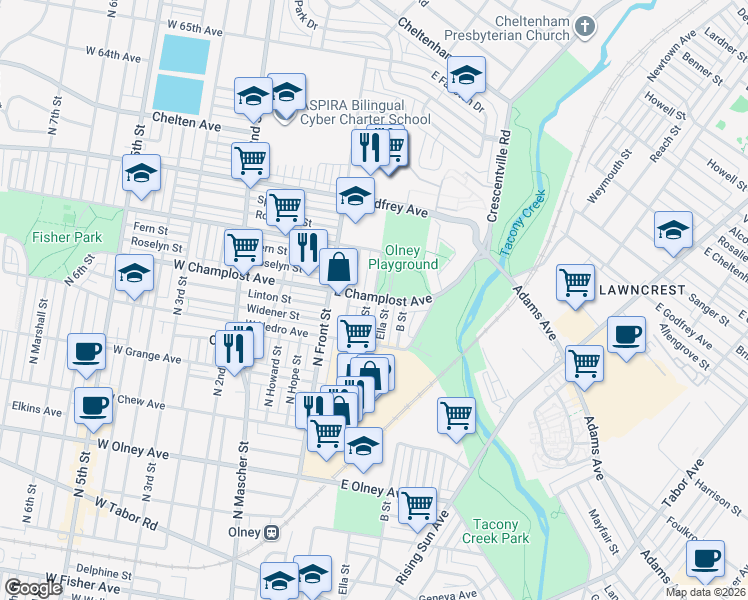map of restaurants, bars, coffee shops, grocery stores, and more near 5951 A Street in Philadelphia