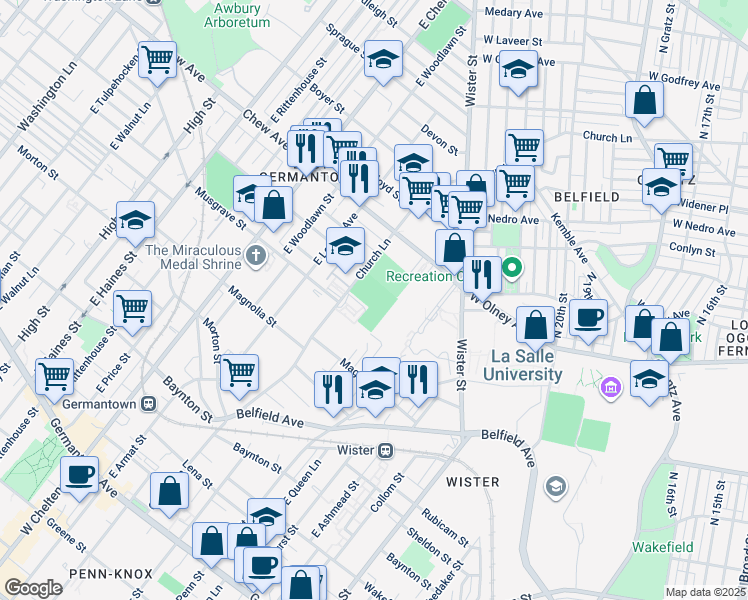 map of restaurants, bars, coffee shops, grocery stores, and more near 700 Church Lane in Philadelphia
